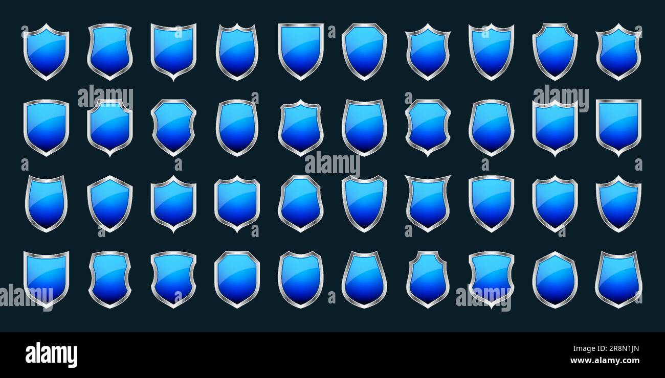 Set of various vintage 3d shield icons. Black heraldic shields. Blue ...
