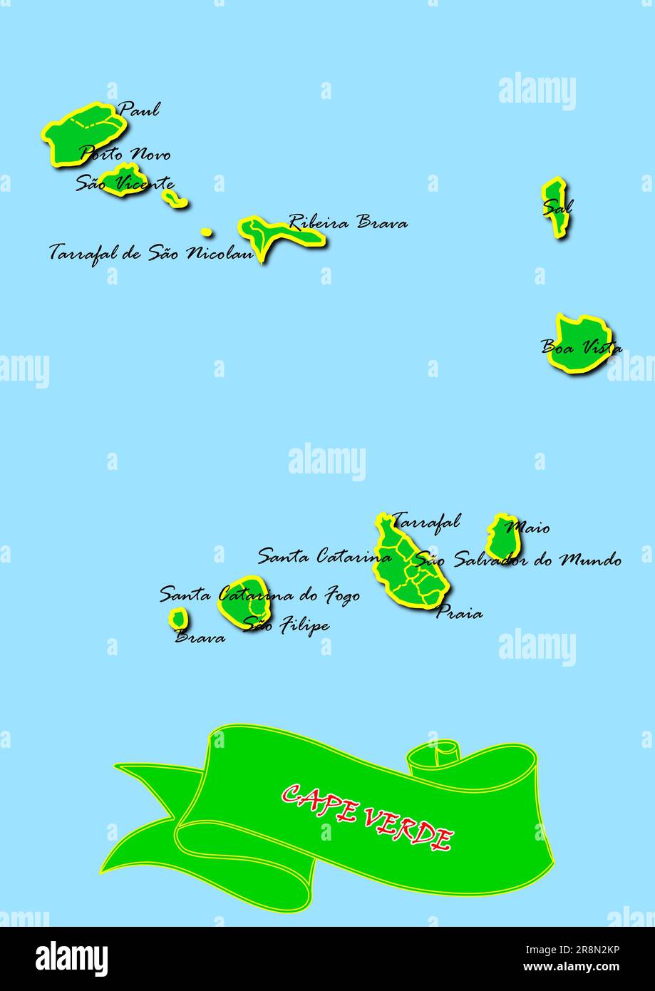 Map of Cape Verde with subregions in green country name in red Stock Photo