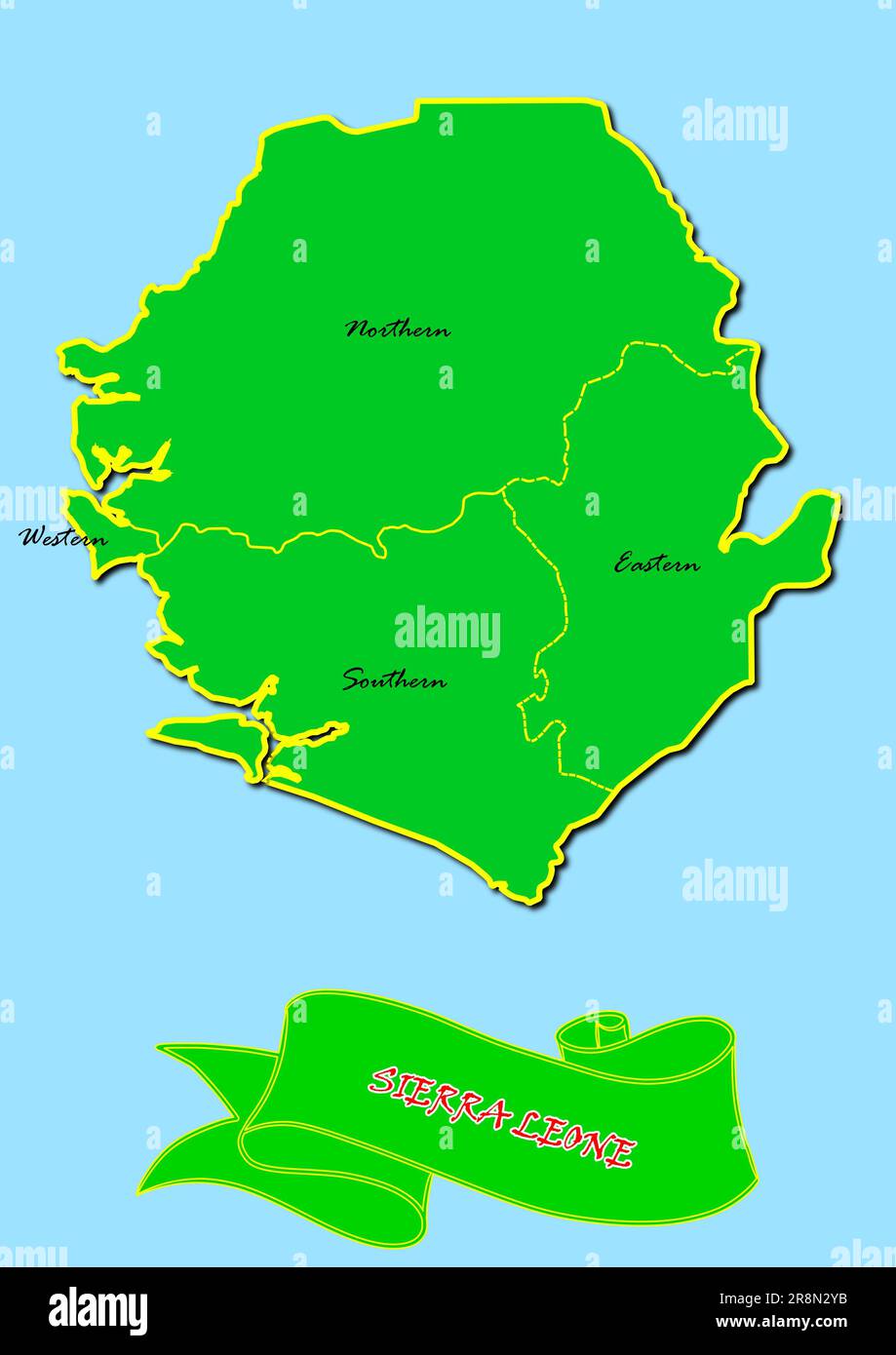 Map of Sierra Leone with subregions in green country name in red Stock Photo