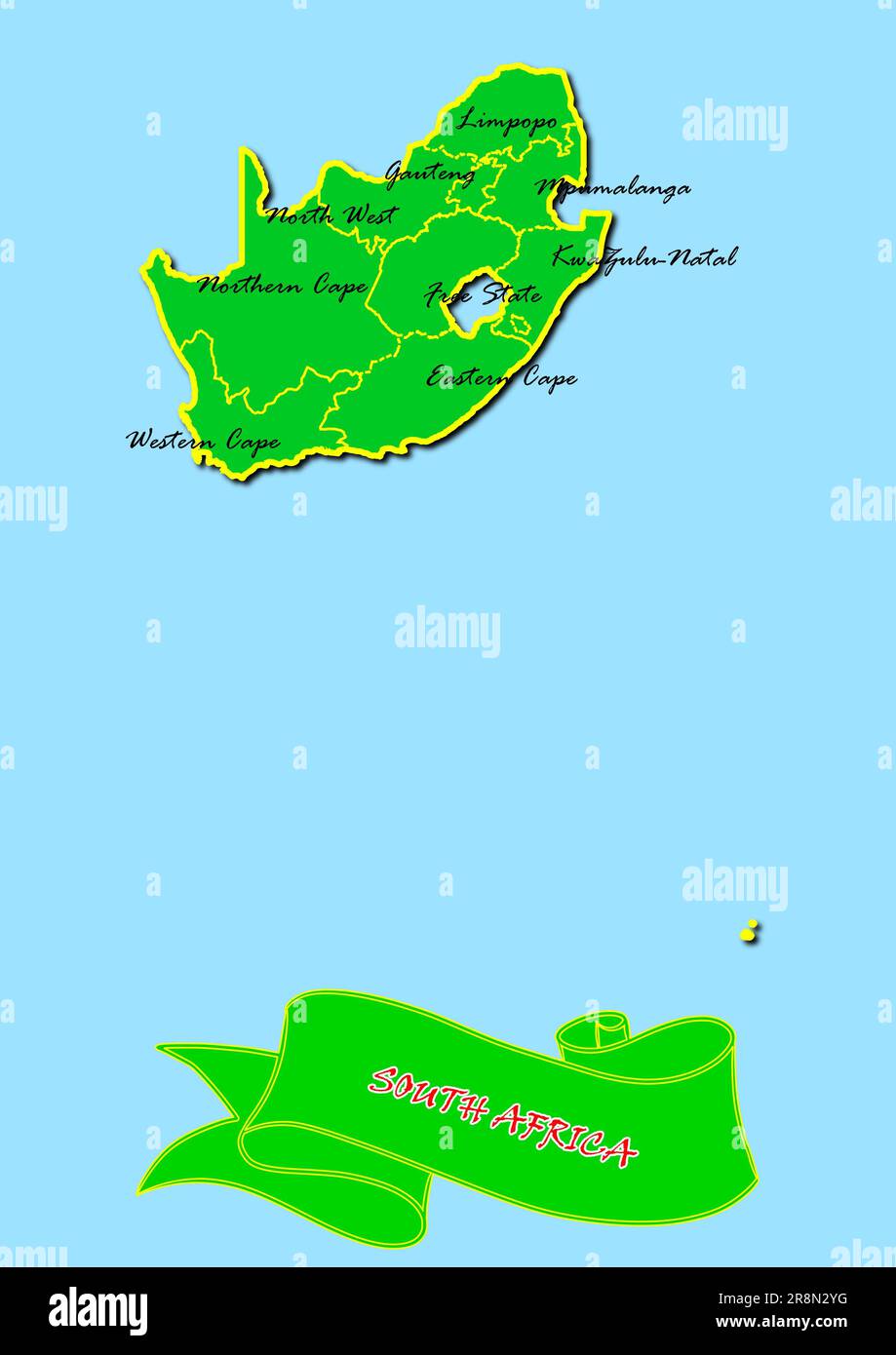 Map of South Africa awith subregions in green country name in red Stock