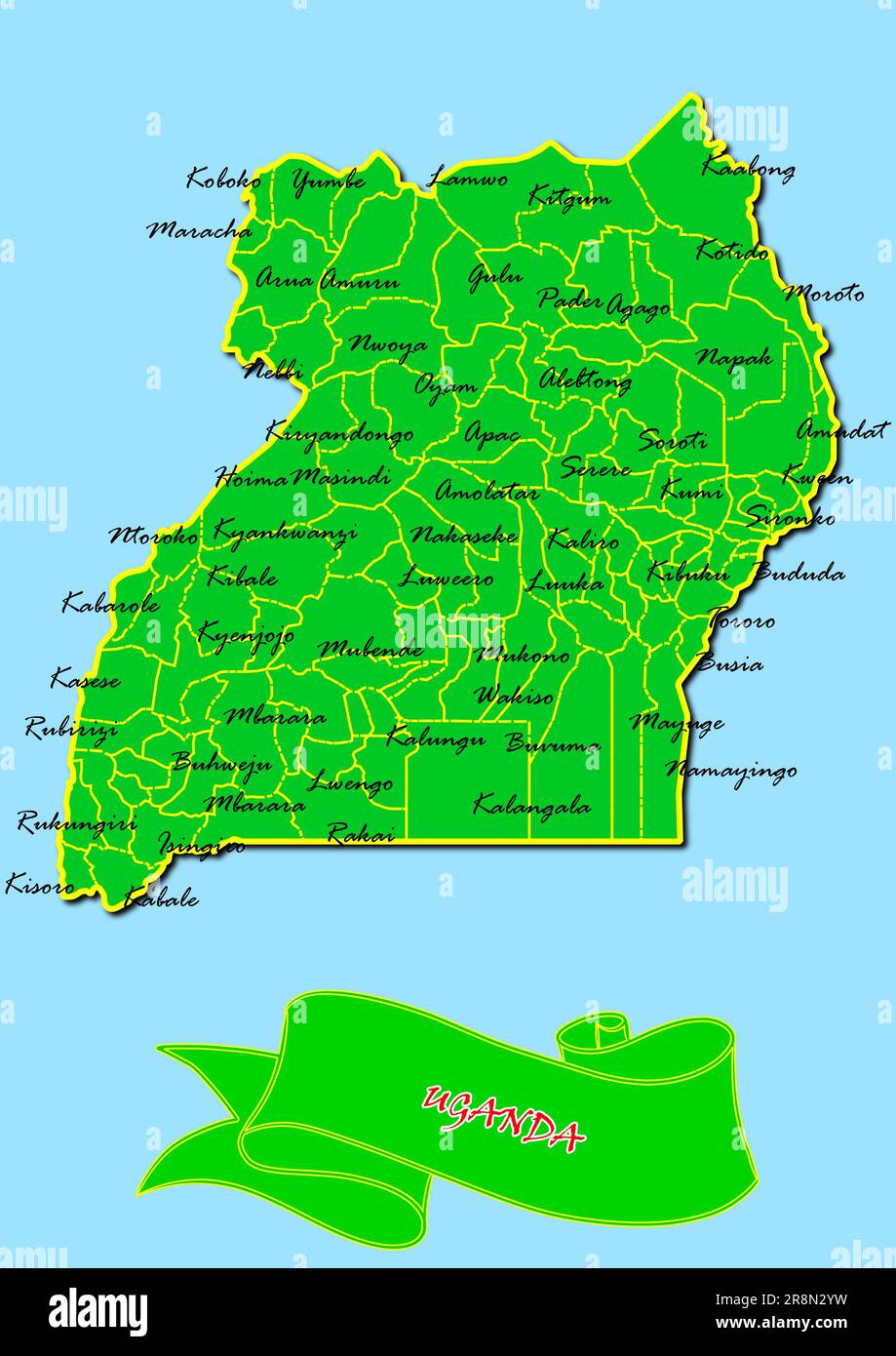 Map of Uganda with subregions in green country name in red Stock Photo