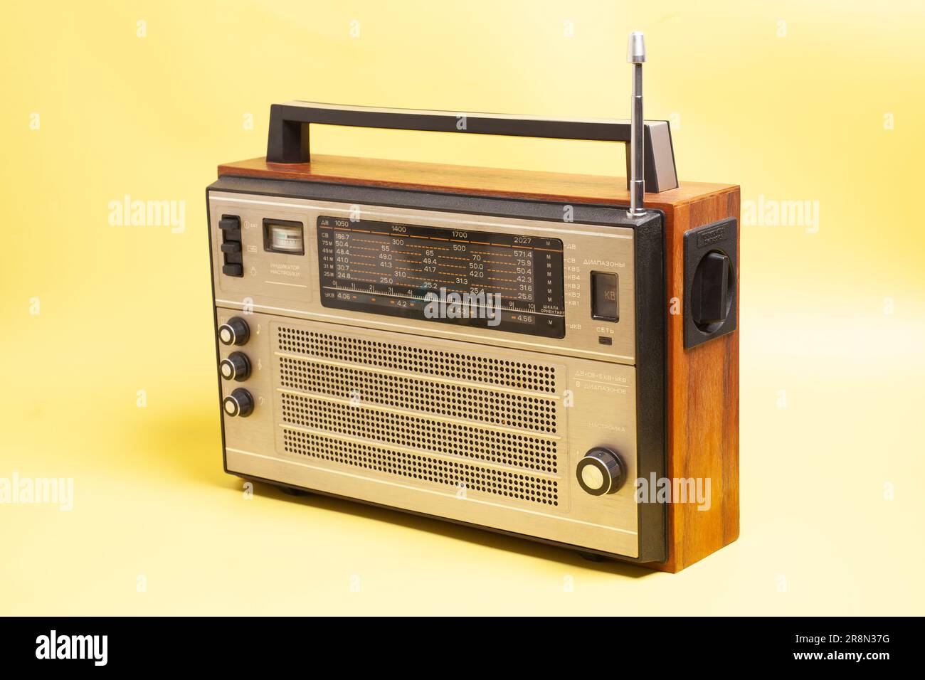 Old transistor radio. English translation setting indicator, network, ranges, landmark scale, 8