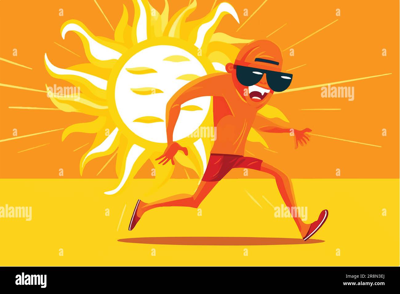 cartoon vector illustration of Sun-stricken plight, Unhealthy man grapples with heat, seeking respite Stock Vector