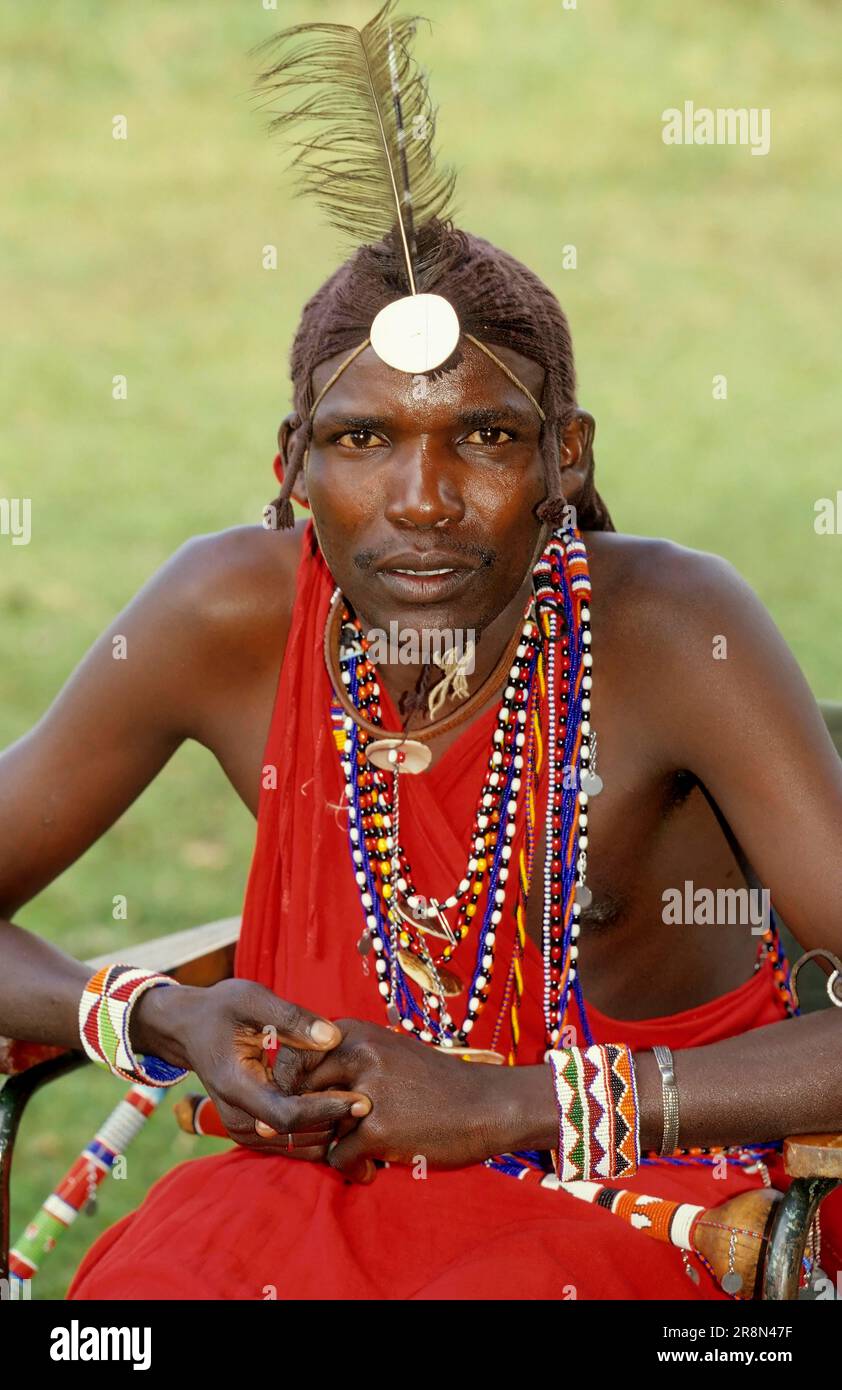 Maasai with ear jewellery and headdress, Kenya, East Africa Stock Photo