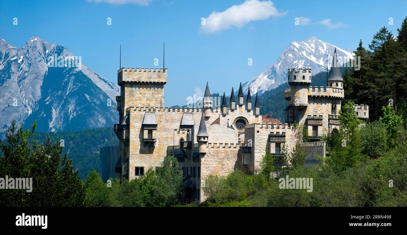 Play Castle amusement park in Seefeld, in the back the mountains of the Karwendel mountains, Tyrol, Austria, Europe Stock Photo