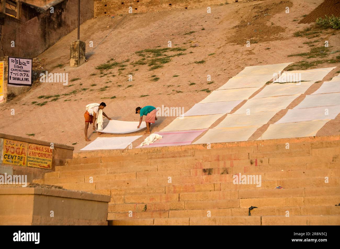 Indians place laundry to dry on steps of the ghats, Varanasi, Benares