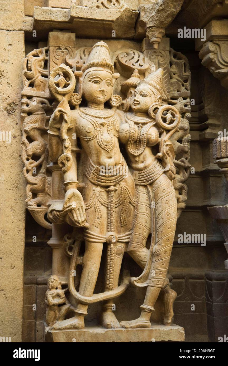 Carved statues, Jain temple, Jaisalmer, Rajasthan, India Stock Photo