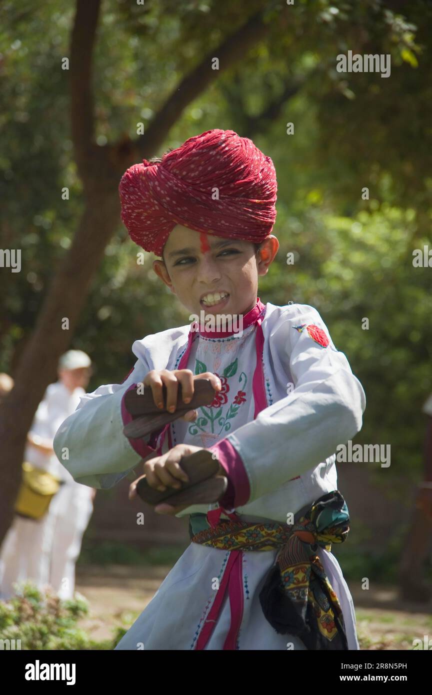 Young Indian boy dancing, Jodhpur, Rajasthan, India, turban, Asia Stock
