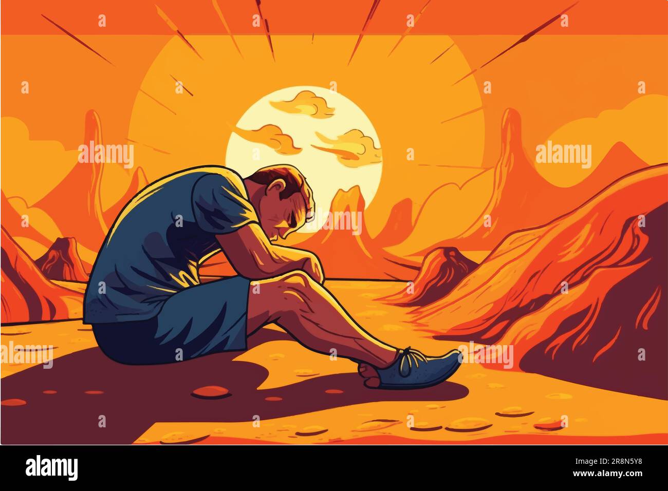 cartoon vector illustration of Sun-stricken plight, Unhealthy man grapples with heat, seeking respite Stock Vector
