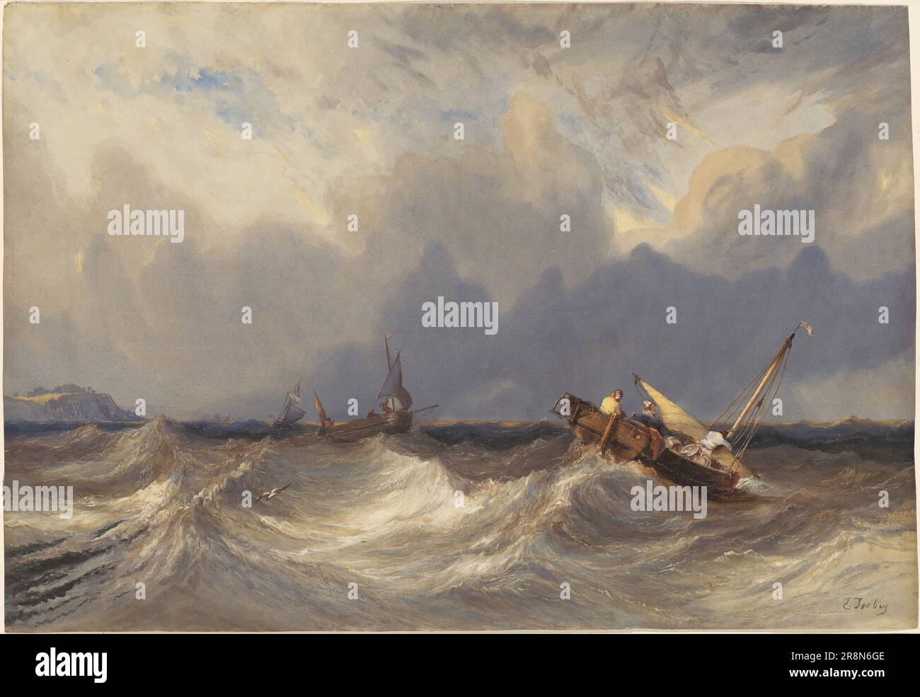 Fishing Boats Tossed before a Storm by Eugène Isabey, 1840, watercolor on wove paper, 93.3x63.9 cm, National Gallery of Art, Landover, Maryland (USA). Stock Photo