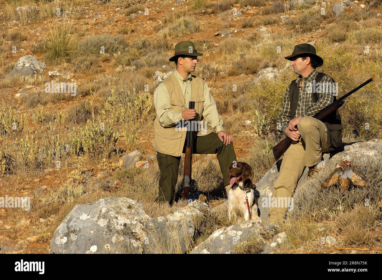 Hunter with rifles and hunting dog, shotgun, Spain Stock Photo Alamy