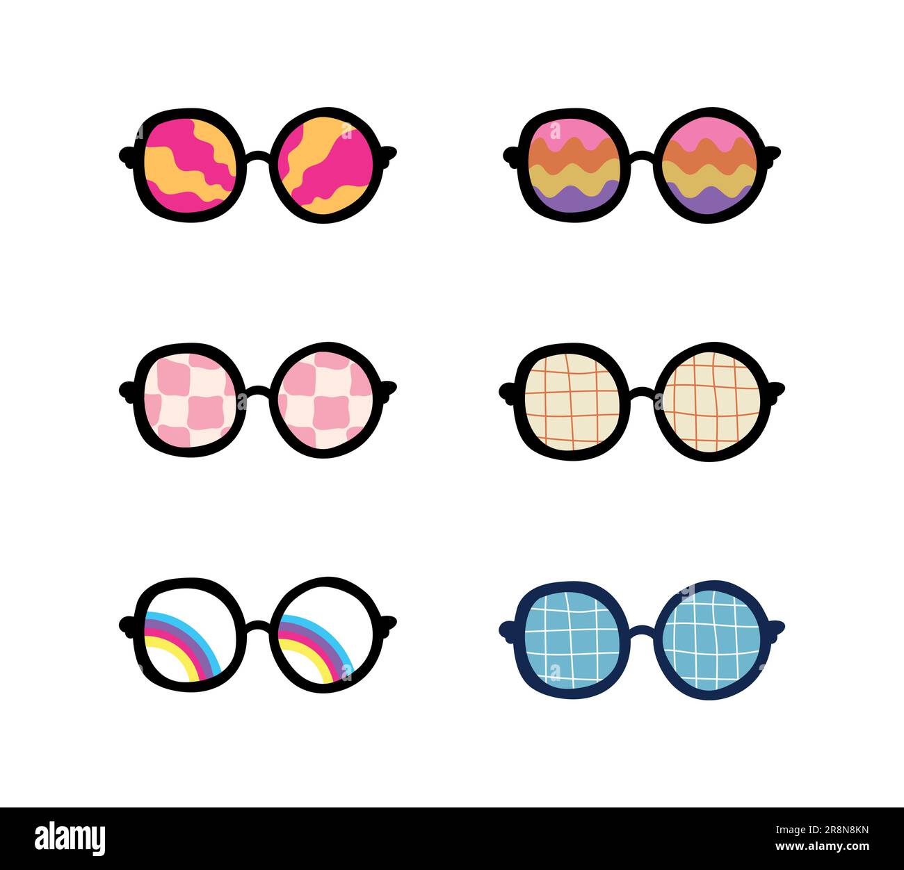 set of groovy colored sunglasses with wavy rainbow pattern. psychedelic