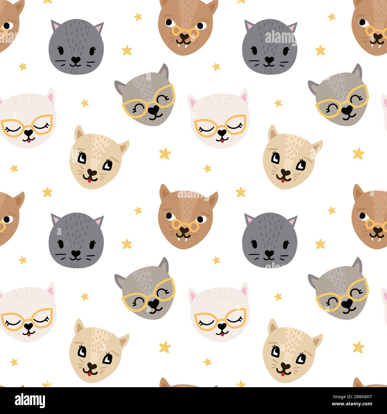 Cute seamless pattern with hand drawn funny cats and stars. Childish ...