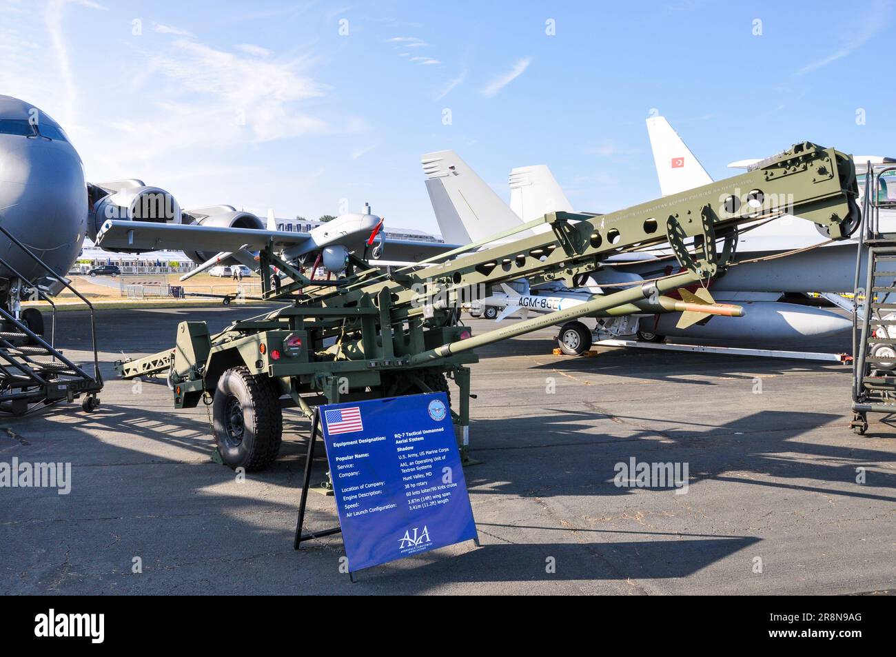 AAI RQ-7 Shadow, US unmanned aerial vehicle (UAV) used by the United States Army & export customers. On pneumatic catapult launch ramp. Surveillance Stock Photo