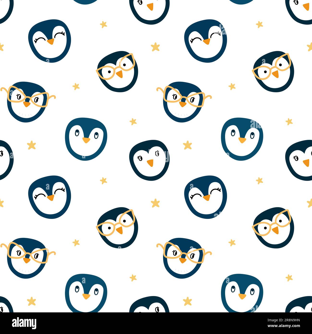 Seamless pattern with cute hand drawn penguins. Animals with gold