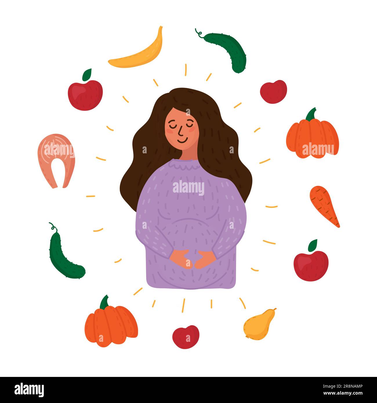 nutrition during pregnancy. Hand drawn young women are surrounded by vegetables and fruits. Healthy food. vector illustration isolated on white Stock Vector