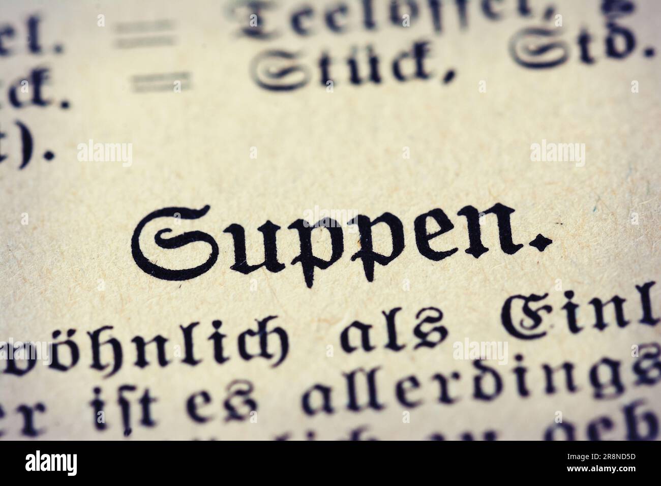 Page from old cookbook with the German word 'Suppen' (Soups) Stock Photo
