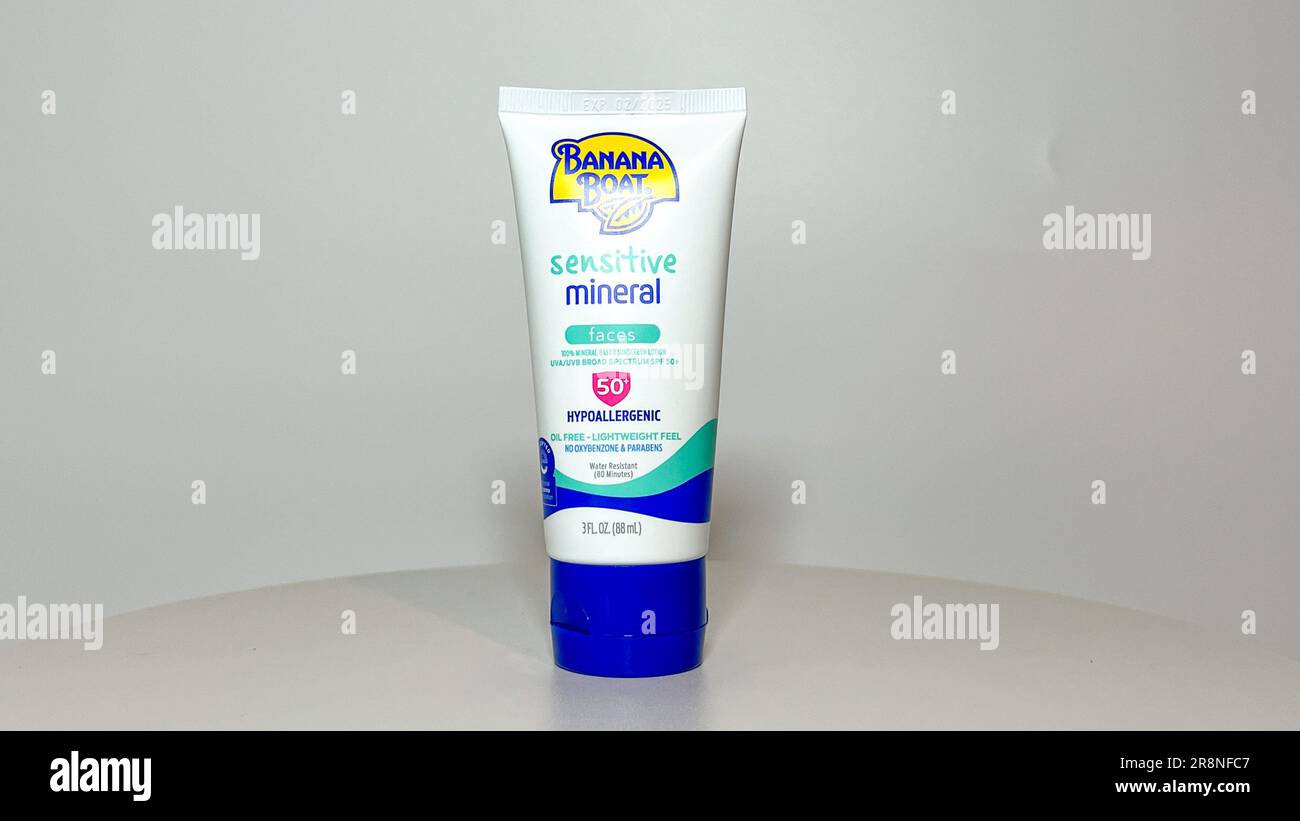 Orlando, FL USA July 14, 2022 A tube of Banana Boat Sensitive