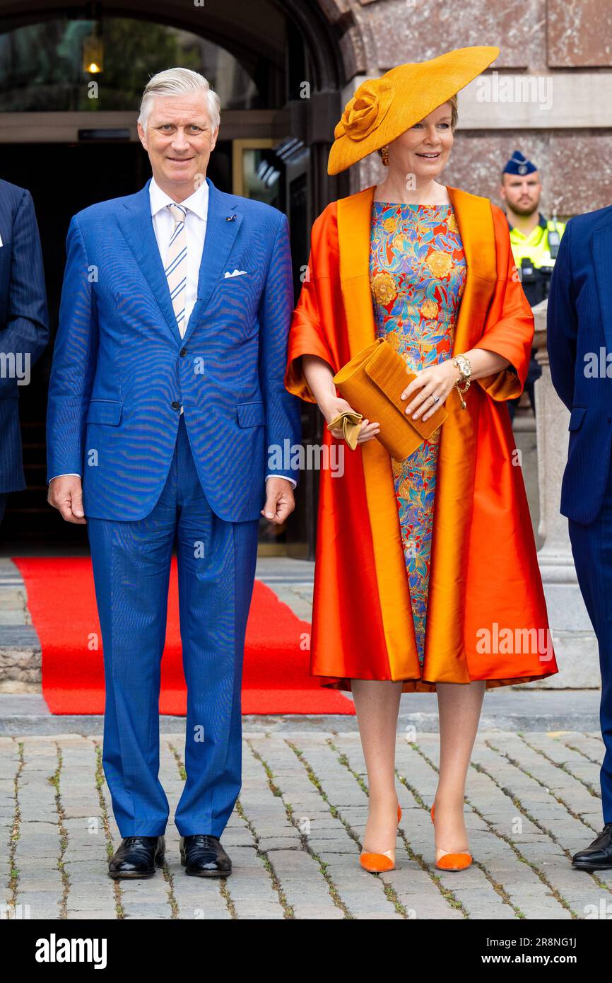 Antwerp, Belgium. 22nd June, 2023. King Philippe, Filip of Belgium and  Queen Mathilde of Belgium during a walk on Grote Markt (Big Market) of  Antwerp and a meeting with mayor of Antwerp