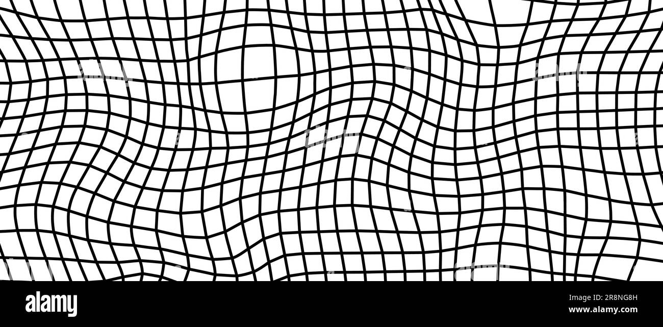 Distorted wireframe background. Abstract wavy checkerboard wallpaper. Warped and curved grid surface pattern. Black and white geometric texture with optical illusion effect. Vector illustration Stock Vector