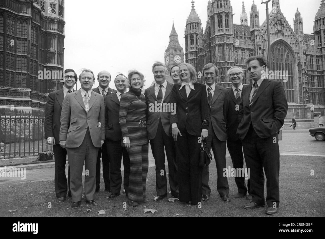 File photo dated 29/10/74 of Scotland's eleven Nationalist Members of Parliament after the State Opening of Parliament in Westminster. (left to right) Andrew Welsh (South Angus), Douglas Henderson (Aberdeen East), Ian McCormick (Argyll), Hamish Watt (Banff), Winnie Ewing (Moray and Nairn), Donald Stewart (Western Isles), Gordon Wilson (Dundee East), Margaret Bain (East Dumbarton), George Reid (Stirling E/Clacks), George Thompson (Galloway) and Douglas Crawford (Perth). Trailblazing SNP politician Winnie Ewing has died aged 93, her family has announced. Issue date: Thursday June 22, 2023. Stock Photo