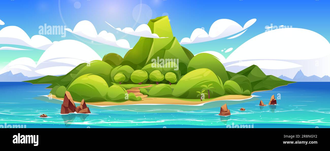 Tropical volcano island in sea cartoon vector landscape background. Exotic volcanic isle with palm tree forest in ocean water. Beautiful tropic tourism green seaside coast nature on sunny day. Stock Vector