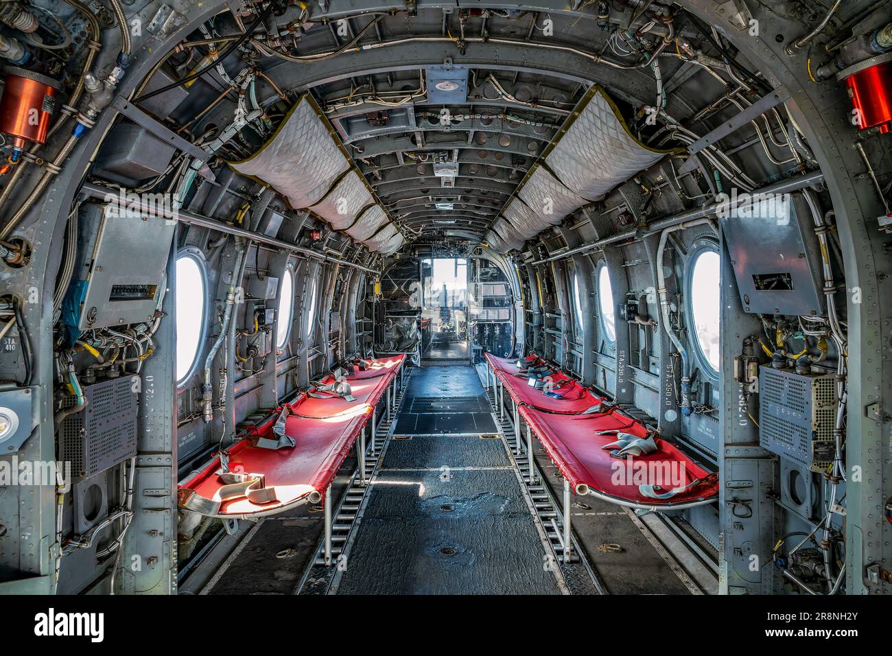 Interior of a vintage CH-46 Sea Knight cargo transport helicopter Stock Photo