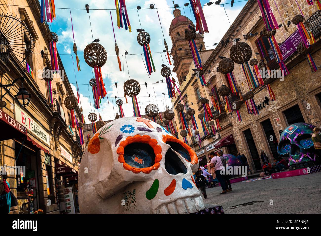 A large Calavera (skull) artwork is seen installed on the street during the Day of the Dead festivities in the colonial center in Morelia, Mexico. Stock Photo