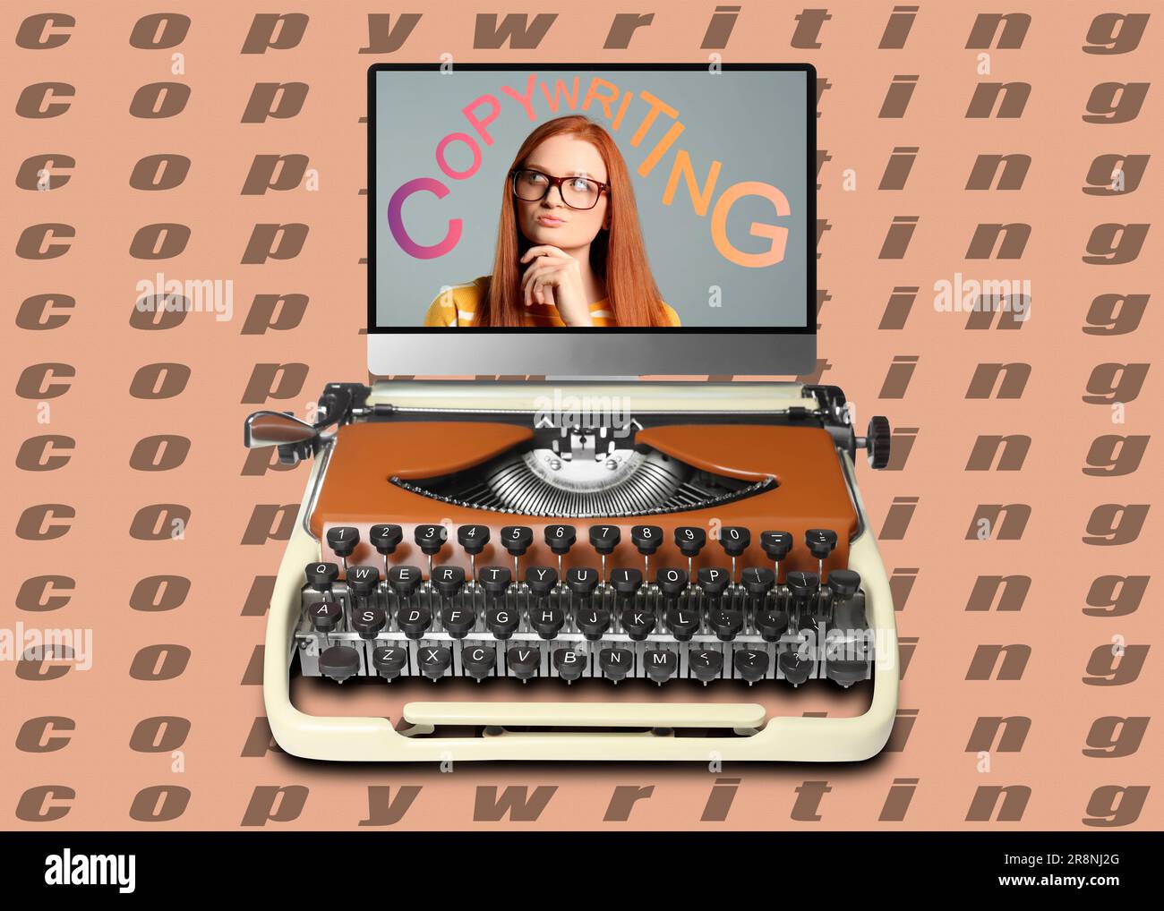 Old typewriter as keyboard near monitor on pale brown background with