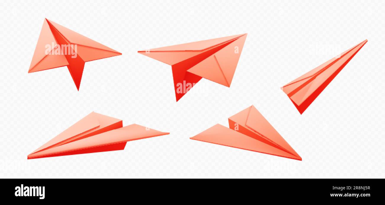 Icons of paper plane flying in air. 3d origami, model of airplane from