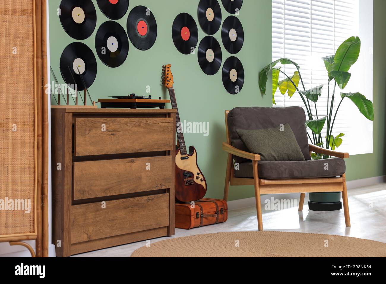 Living room interior decorated with vinyl records Stock Photo - Alamy