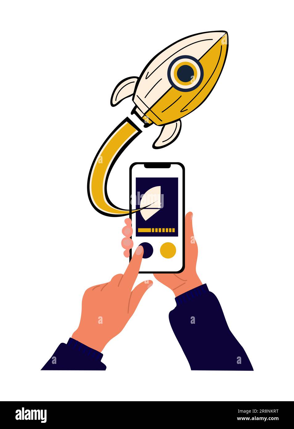 Rocket launch from smartphone app. Startup concept Stock Vector
