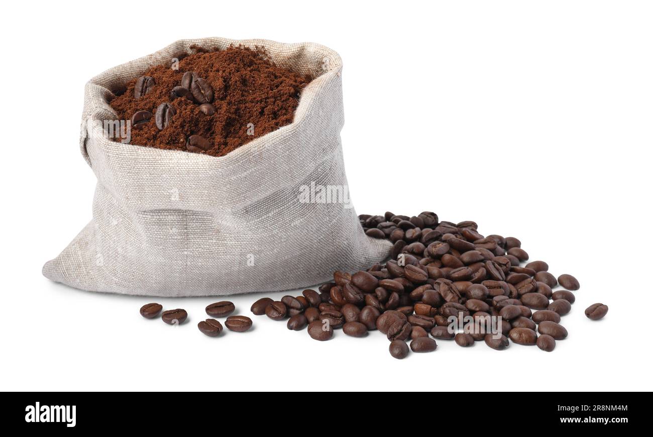 Bag with ground coffee and roasted beans on white background Stock ...
