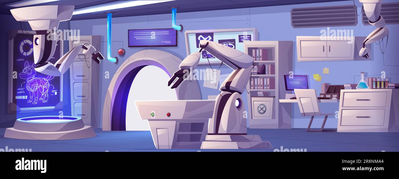 Cartoon lab technology interior vector background. Laboratory robot ...