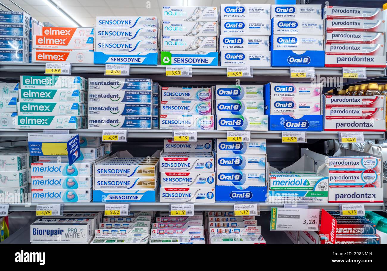 Italy June 22, 2023 Packs of toothpaste of various brands and types