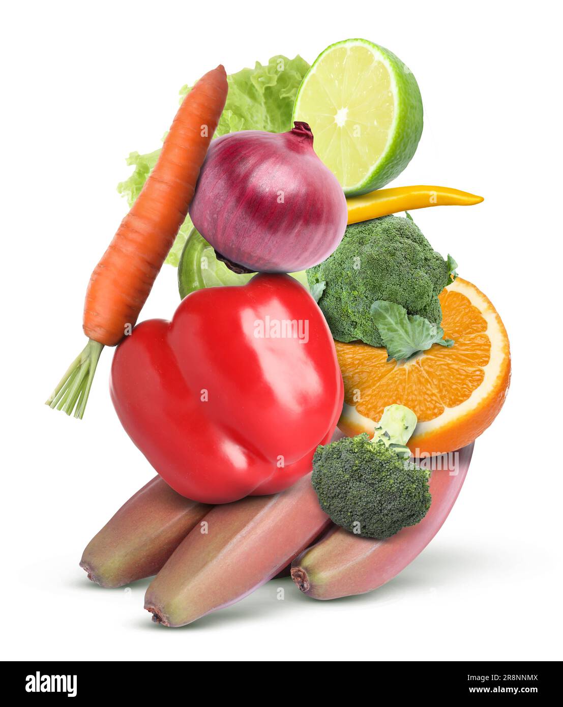 Stack of different vegetables and fruits isolated on white Stock Photo