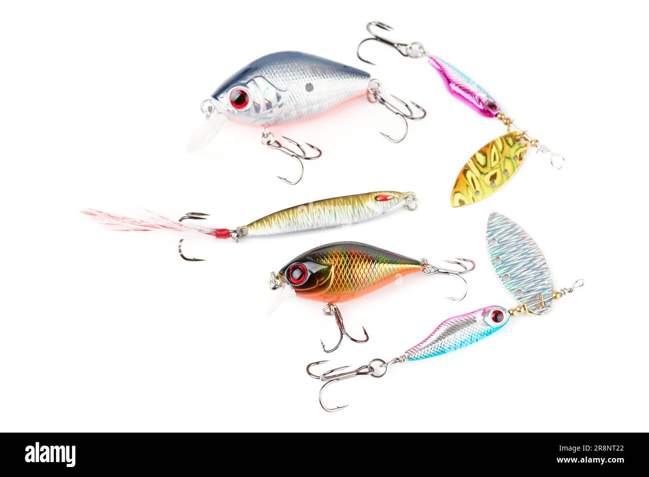 Fishing tackle - fishing spinning, hooks and lures on darken wooden  background. Top view. Copy-space Stock Photo - Alamy