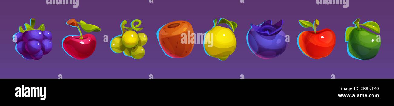 Casino fruit slot machine vector set. Cartoon icon design for match 3 game  interface. Glossy and shiny apple, grape, pear, lemon and cherry asset gamb  Stock Vector Image & Art - Alamy