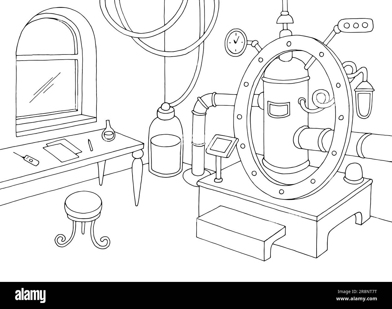 Time machine in the laboratory graphic black white interior sketch