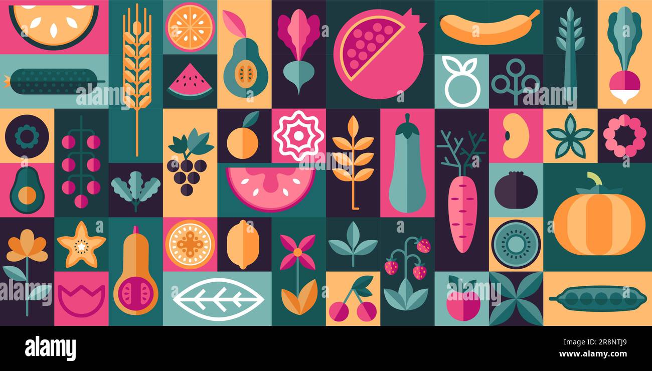 Geometric organic food. Nature abstraction background with farm fresh food and vegetables, eco restaurant menu brochure design. Vector illustration of Stock Vector