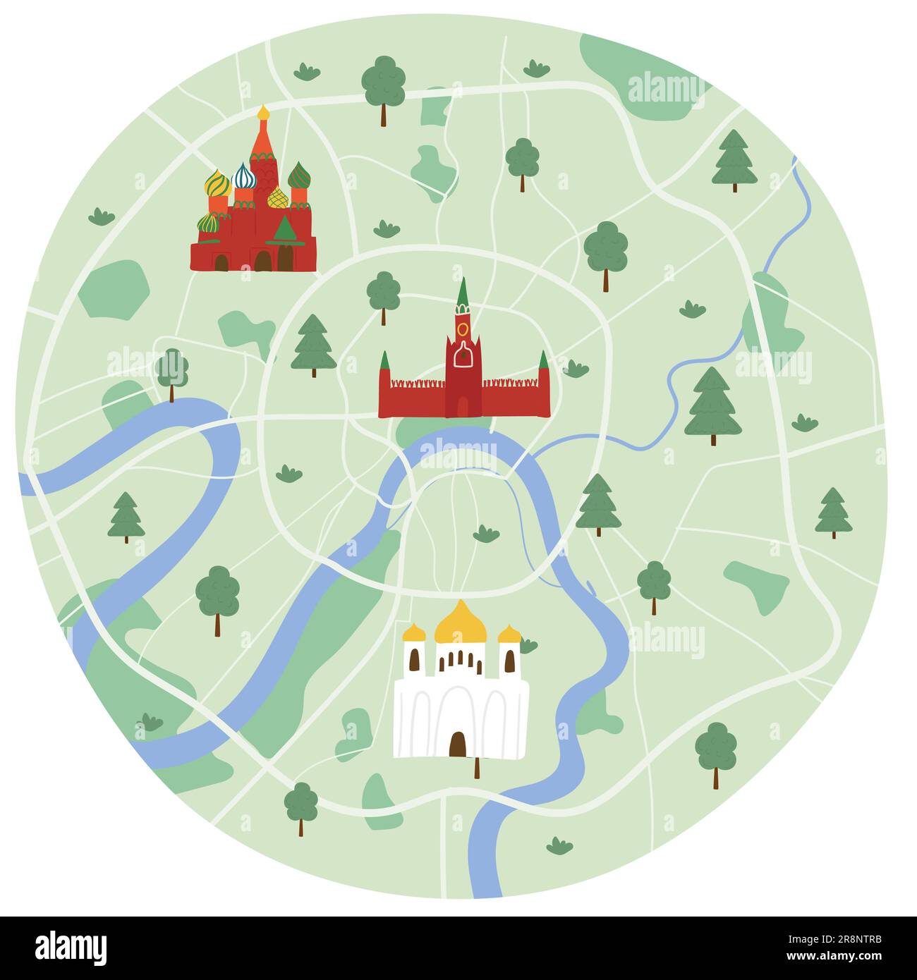 Moscow city center map with famous landmarks Kremlin, Basil's Cathedral and Christ the Savior in hand drawn sketch style. Stock Vector
