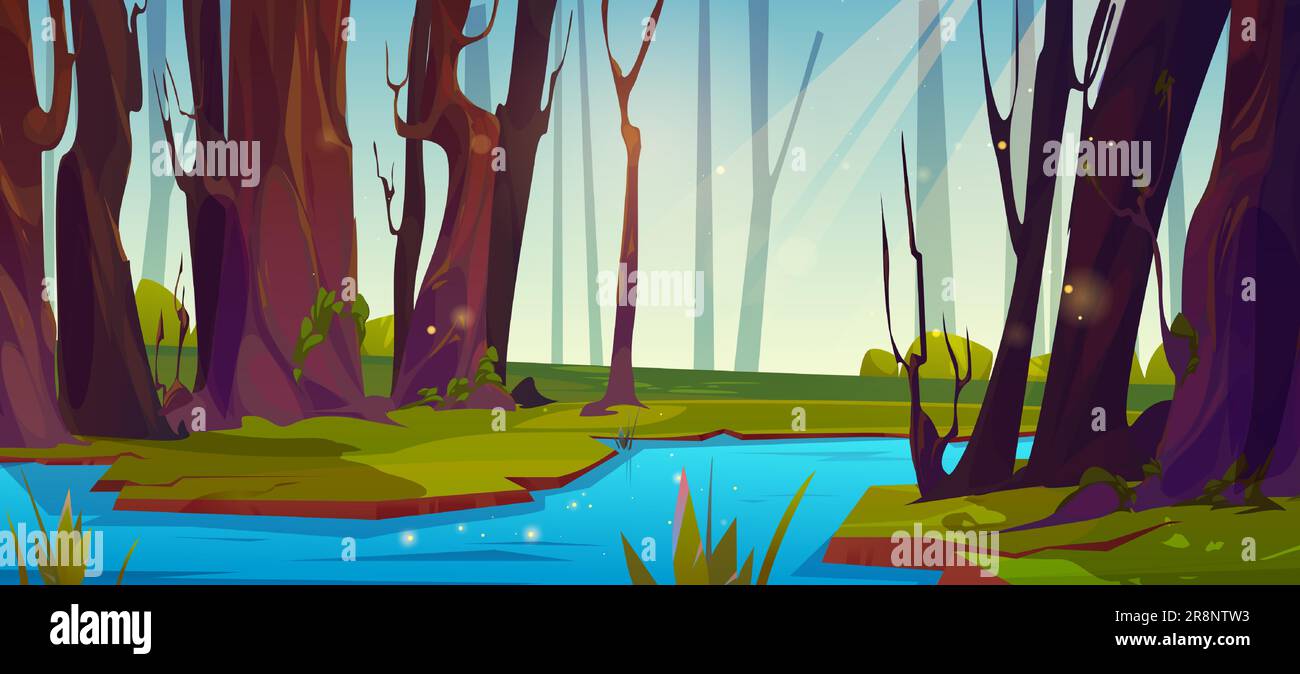 River flowing in summer forest. Vector cartoon illustration of sunny spring weather, green landscape with trees, blue sky with sun beam, stream or brook in valley, beautiful nature scene Stock Vector