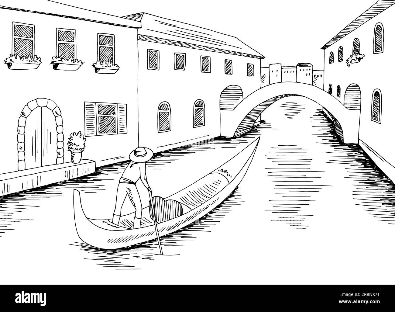 Gondola boat in Venice river graphic black white sketch illustration vector Stock Vector