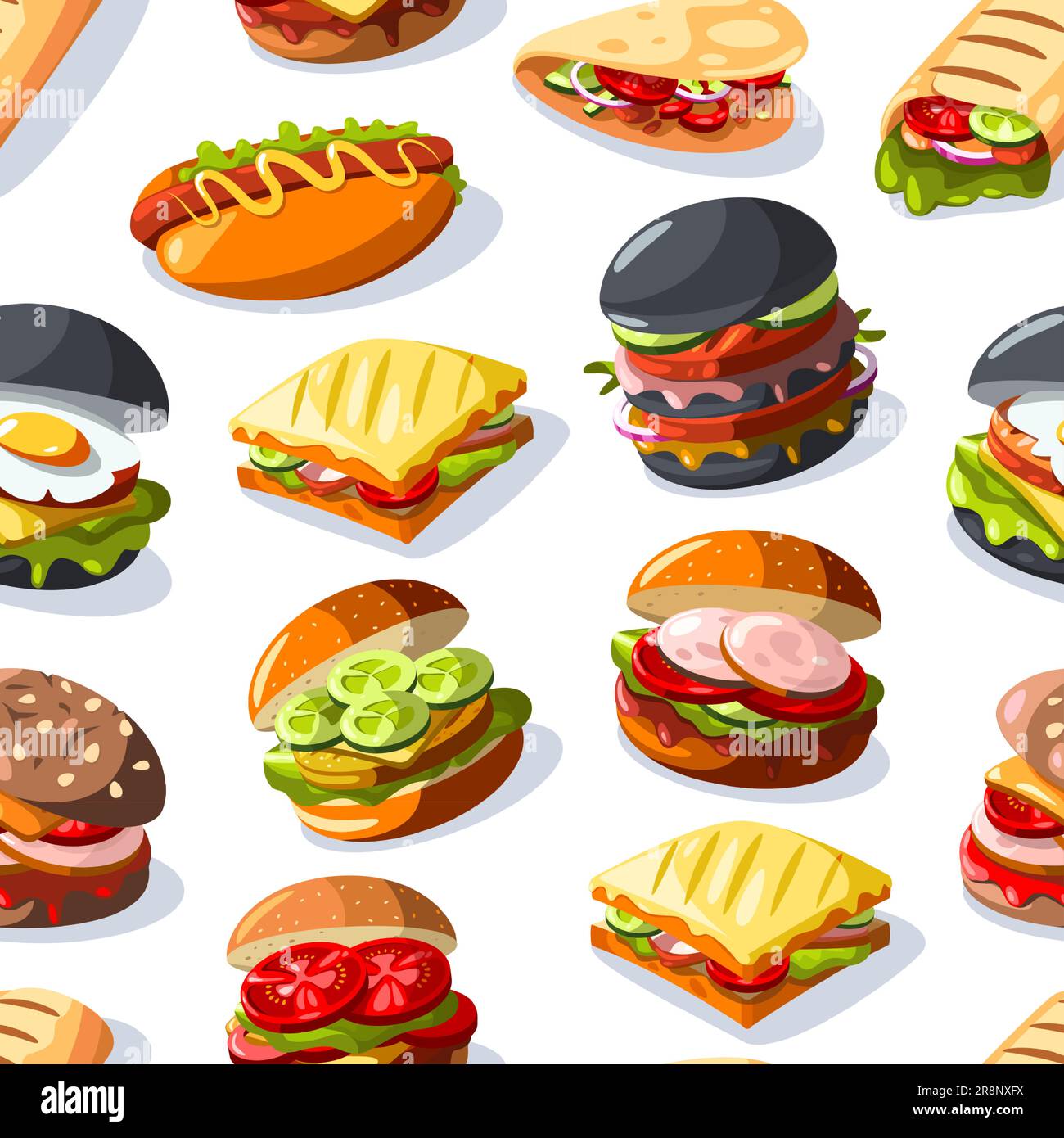 Burger sandwich pattern. Seamless print of fast food sandwiches