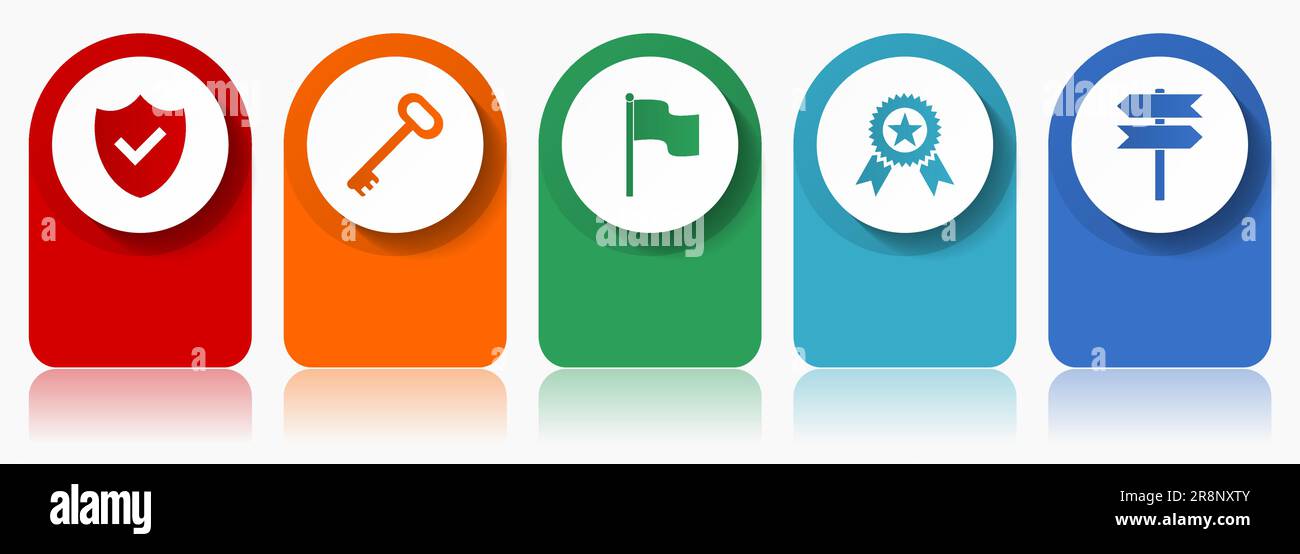 Internet icon set, miscellaneous vector icons such as shield, key, flag, badge and signpost, modern design infographic template, web buttons in 5 colo Stock Vector