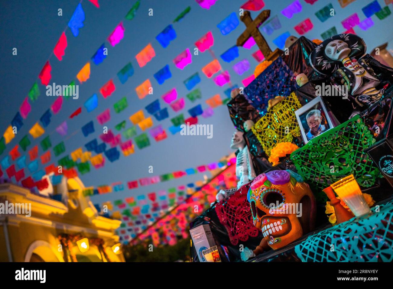 An altar of the dead (Altar de Muertos) is seen installed on the street during the Day of the Dead festivities in Tlaquepaque, Mexico. Stock Photo