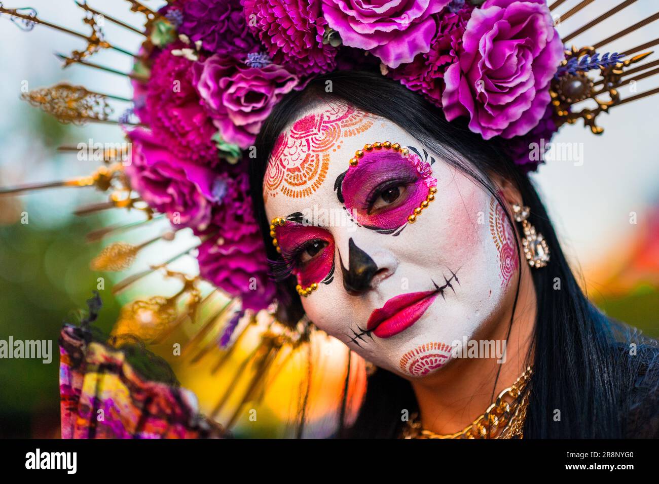 A young Mexican woman, dressed as La Catrina, takes part in the Day of the Dead festivities in Tlaquepaque, Mexico. Stock Photo
