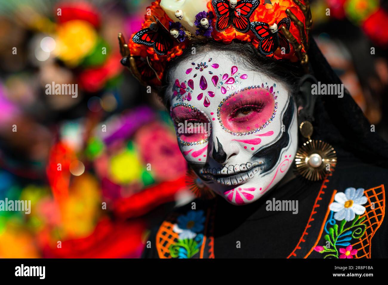 A young Mexican woman, dressed as La Catrina, takes part in the Day of the Dead festivities in Guadalajara, Mexico. Stock Photo