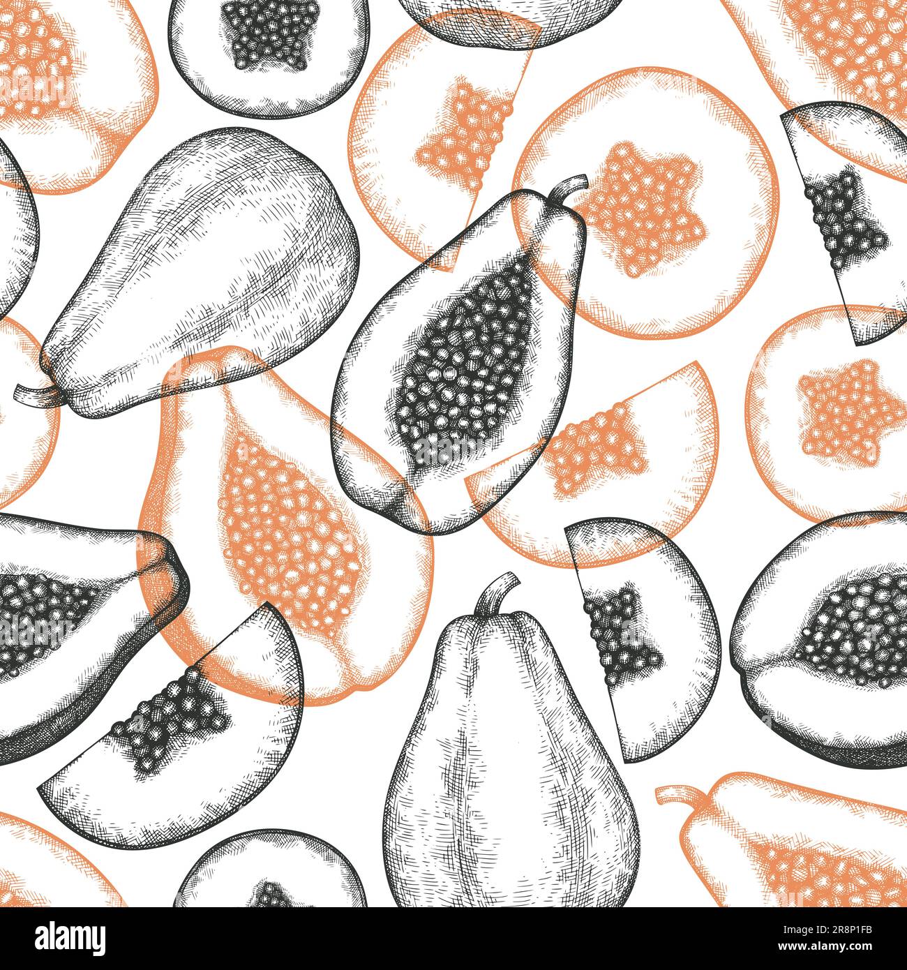 Hand drawn sketch style papaya seamless pattern. Organic fresh fruit ...