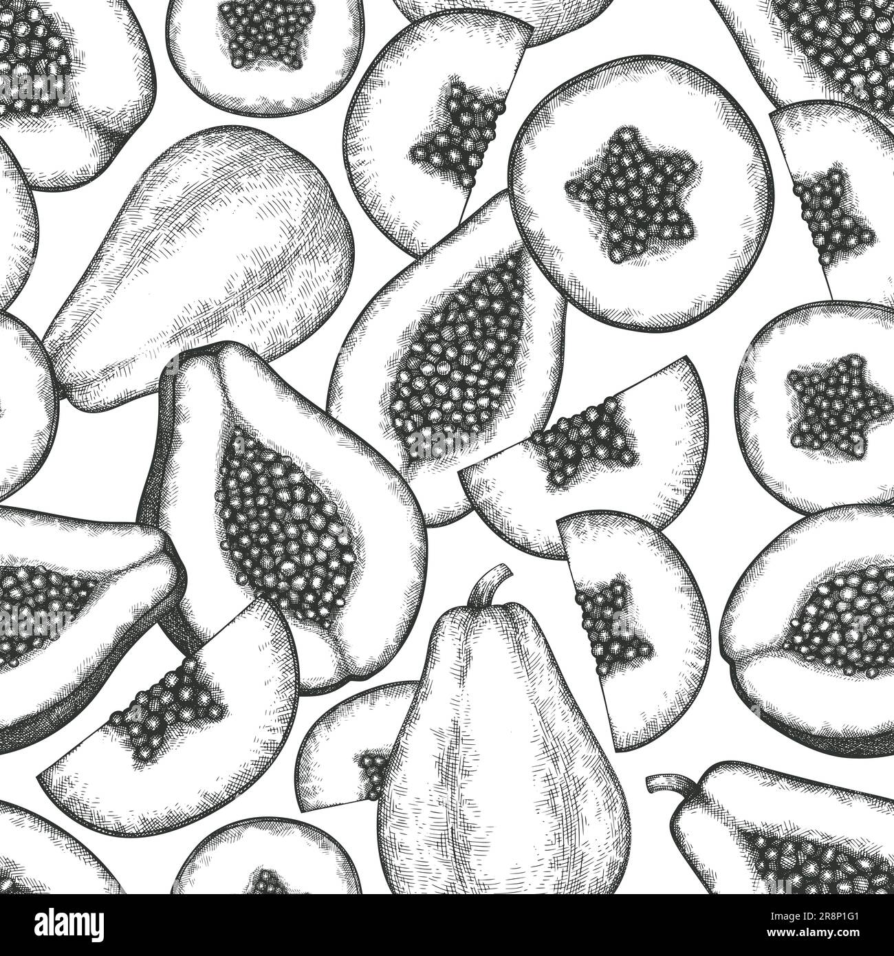 Hand drawn sketch style papaya seamless pattern. Organic fresh fruit ...